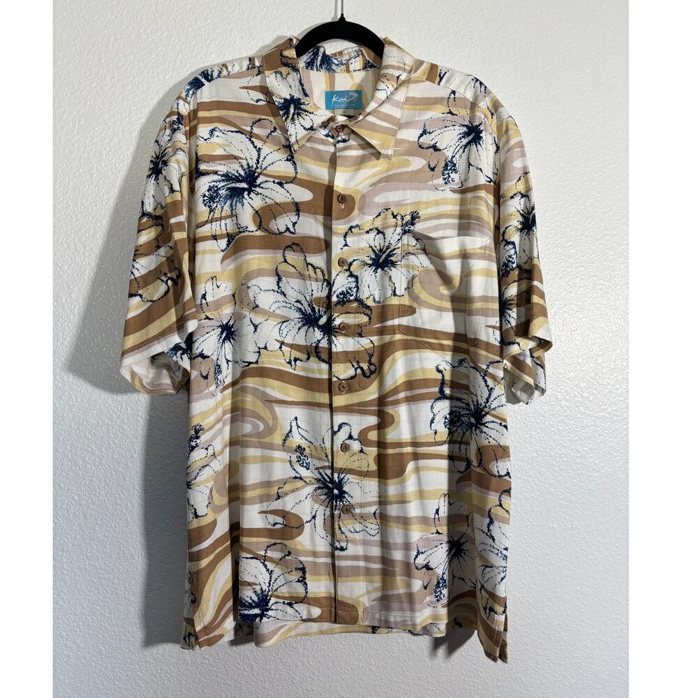 Kai Men's Size XL Hawaiian Tropical Hibiscus Button-Up Shirt Beach Vacation